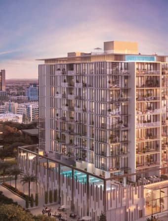 Allegro Park residential towers at dusk